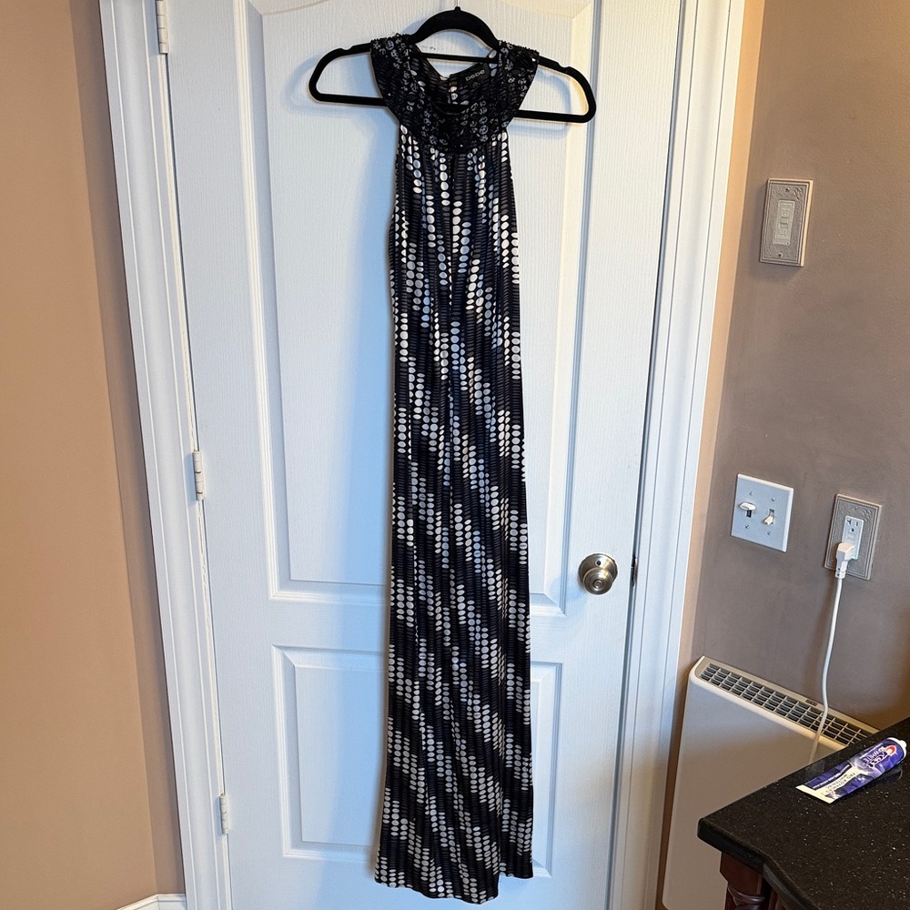 bebe Black and White Halter Maxi Dress with Diagonal Dot Print